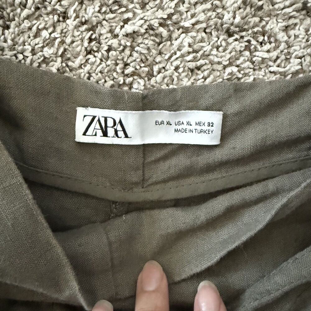 Zara 100% linen wide leg XL paper bag trouser belted olive green summer - Picture 7 of 13